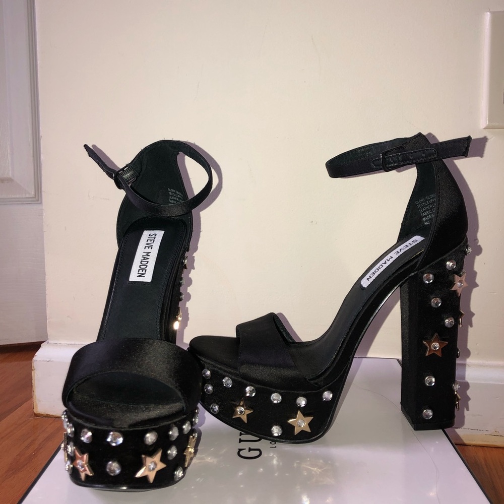 Steve Madden Black Satin Studded Platform Heels